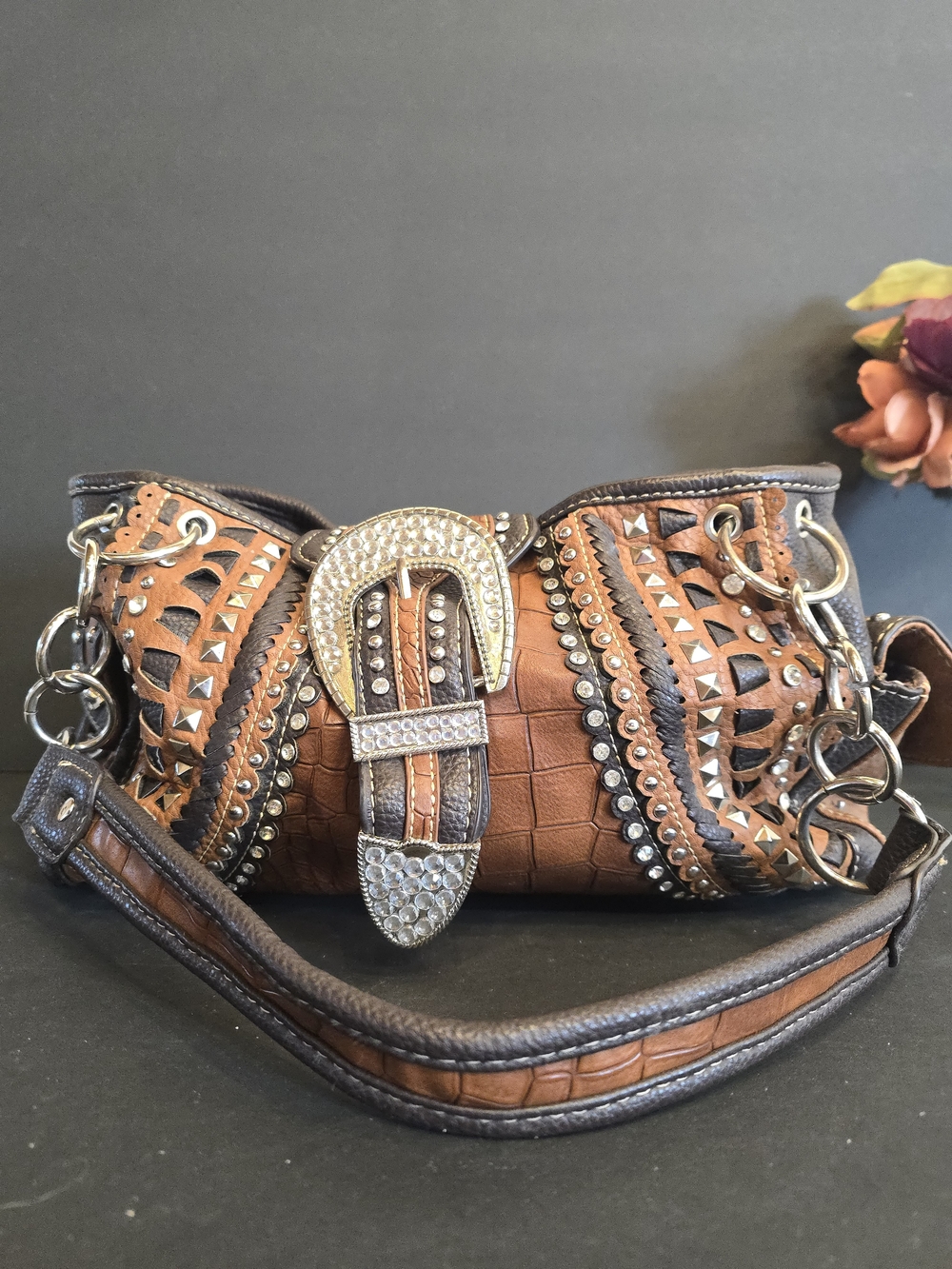 Embellished Brown Leather Shoulder Bag with Buckle Detail